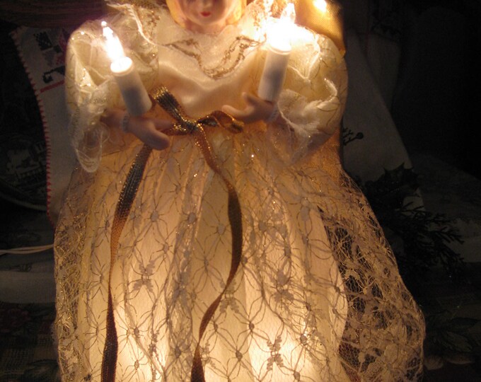 Older Lighted Porcelain Angel Tree Topper, Ivory Lace Dress, Very