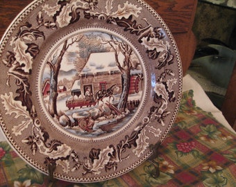 Johnson Bros, England Transfer Ware Dinner Plate, Thanksgiving, "Frozen Up", Historic America, Johnson Brothers, Folk Art,  Americana