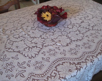 Vintage White Quaker Lace Tablecloth, 73" X 62"", Floral Lace, Formal Dining, Picot Edge, Art Nouveau,