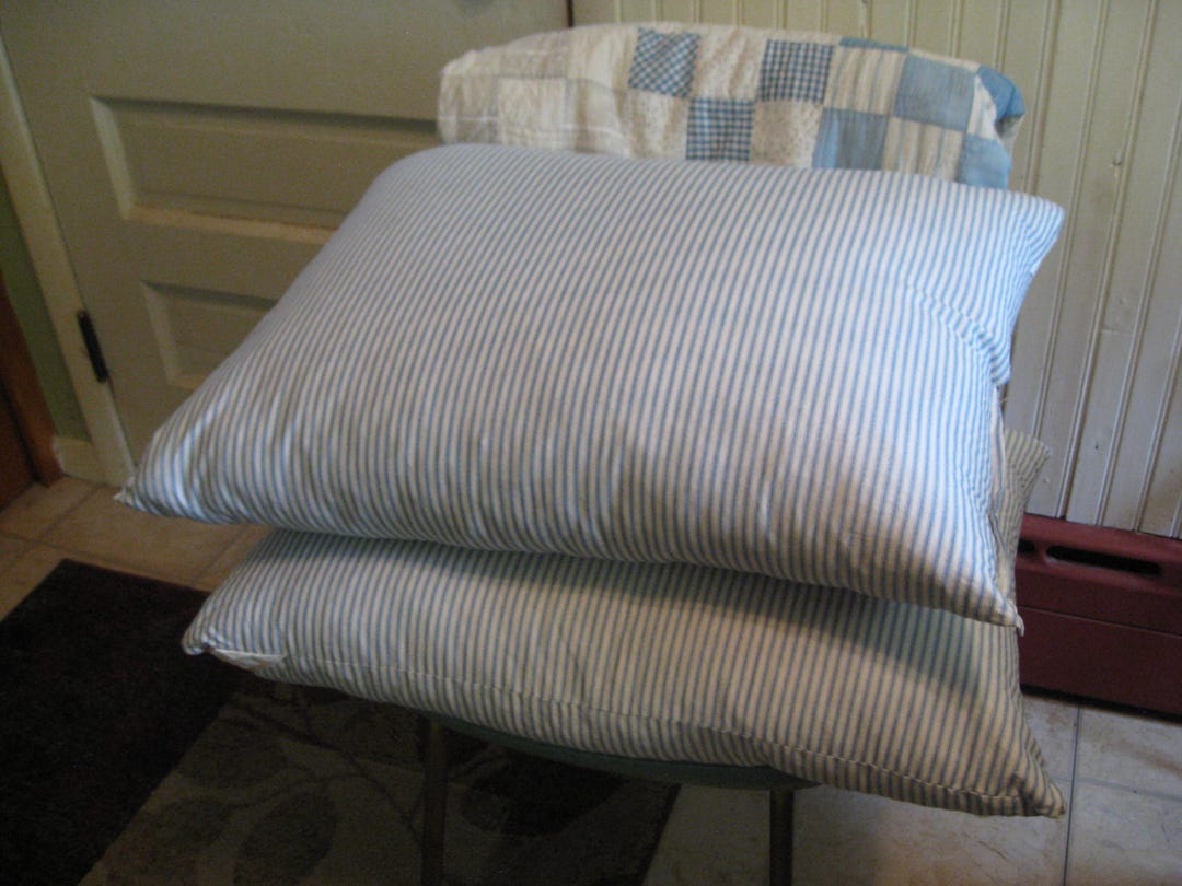 Vintage Pair Feather, Down Bed Pillows, Blue & White Striped, Bluprint