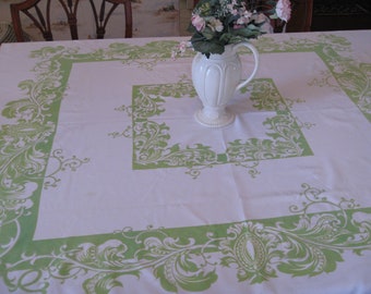 Mid Century Cotton Kitchen Tablecloth, Lime Green, Crisp White, Leaves, MCM, Cottage Chic, 52 x 46, Shabby Cottage, Organic, Minimalist