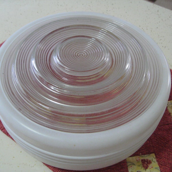 Mid Century Kitchen Ceiling Light Bullseye Shade, Drum Shade, Frosted Milk Glass, w/Clear Center