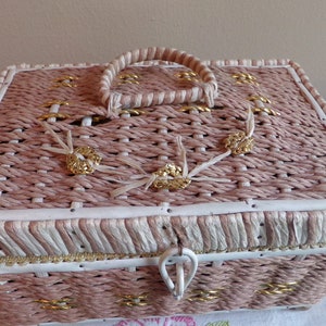 Japan Wicker Vintage Taupe w/Tray & Notions Satin Lining Rattan Sewing Basket Nice Gold White Mid Century
