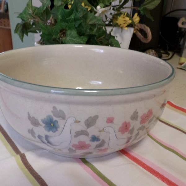 1980's Stoneware Mixing Bowl,Country Blue, Geese, Blue Pink Floral, Country Chic, Farmhouse