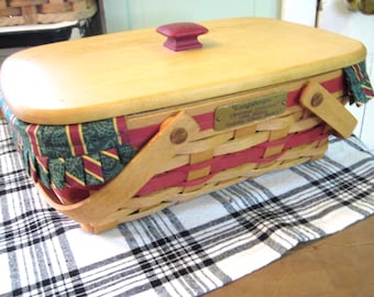 1996 Christmas Collection, Longaberger Basket with Lid & Liners, Red Banded,  Retired, Special Ltd Edition, Holiday Cheer Basket