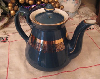 Mid Century Hall Ceramic Tea Pot, Pretty Dark Teal Blue, Green, 22K gold, MCM, Tea Party