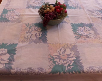 Mid Century Kitchen Square Tablecloth Bold Floral, Pastels, Hand Printed Cotton Tablecloth, Country Cottage,