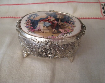 Ornate Silver Victorian Musical Jewelry Box, Trinket, Sanko Japan, Shabby Chic, The Way We Were