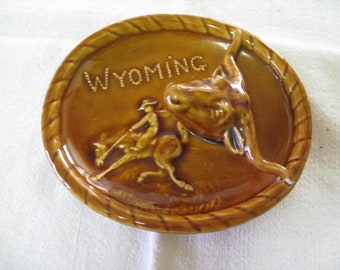 Ceramic Wyoming Souvenir Plaque, Rodeo, Western Decor, Coffee Table Accent, Mancave, Gift For Him