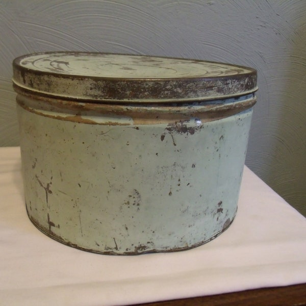 RESERVED for Harmony...Old Painted Canister, Can w/Lid, Large, Mint Green, Primitive, Shabby, Storage Container, Tin Can,