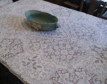 Vintage White Quaker Lace Tablecloth, 62" x 40", Floral Lace, Netted Lace, Formal Dining, Picot Edge, Wedding, Art Nouveau