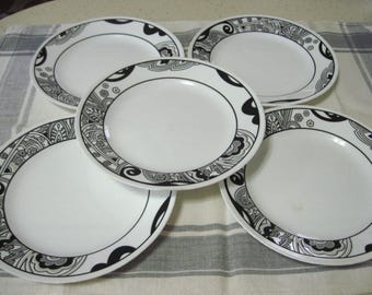 Retired Corelle Plates (5)  Vive Nouveau Luncheon, Salad Plates, Black, White, Paisley, 8 1/2", Corning Ware Dishes, Black White Kitchen