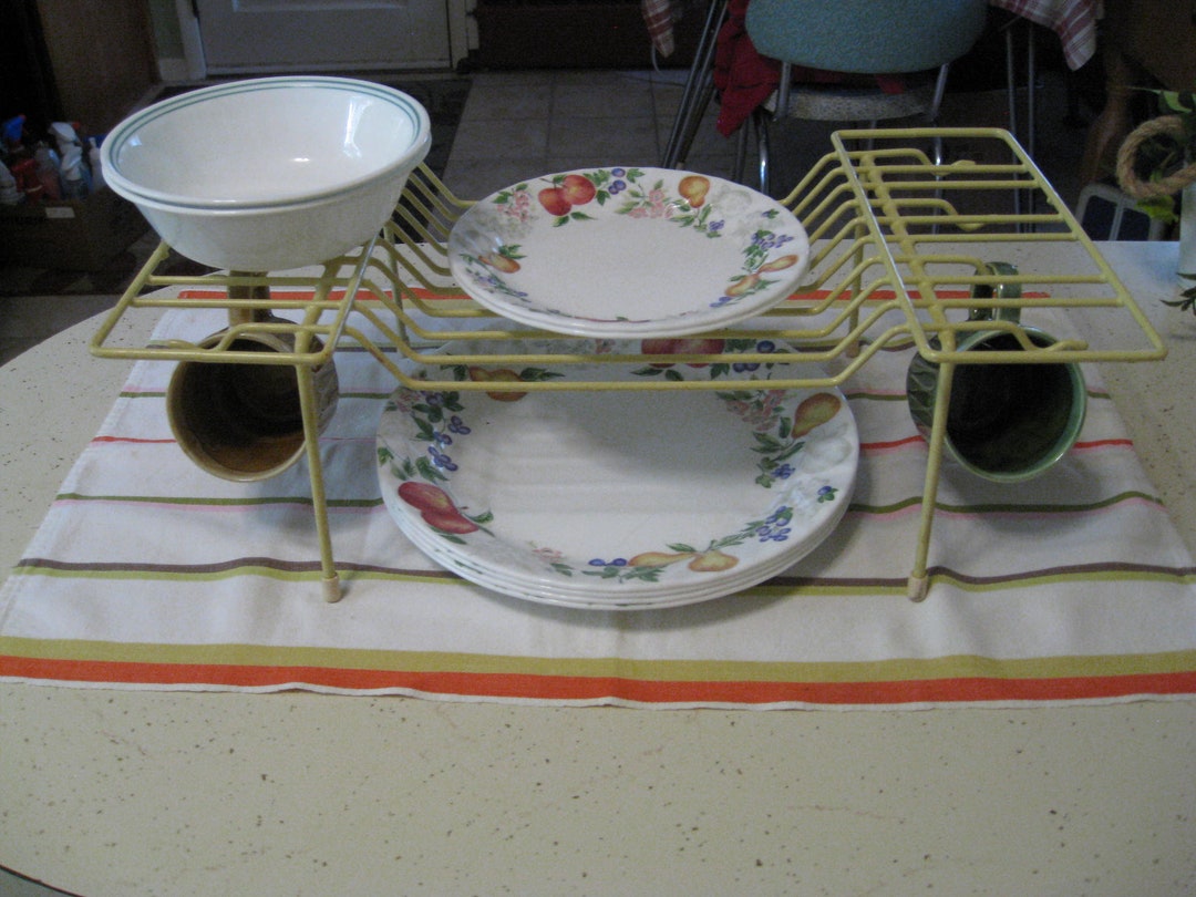 Mid Century Cupboard Space Saver Dish Rack, Yellow Dish Rack, Glamping