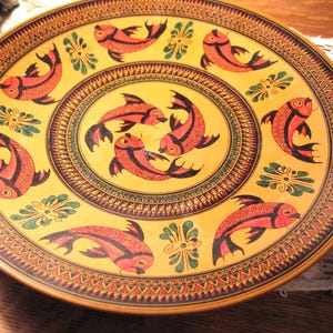 Large Middle Eastern Decorative Wall Plate, Made Turkey, Fish, Shallow Bowl, Artist Signed, Ceramic Pottery