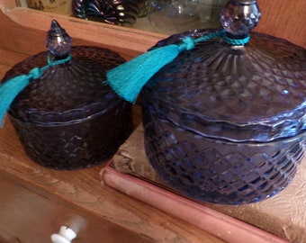 Pair Mid Century Cobalt Blue Candy Dishes, Powder Box Vanity, Powder Room Jar w/Lids, Dresser Set