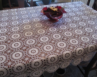 Hand Made White Crochet Tablecloth, Scalloped  Edge, Oblong 67 x 60,  Wedding Decor, Formal Dining Table, Cottage Chic