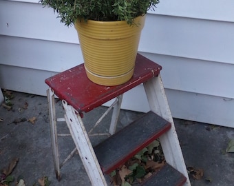 Rustic Red & White Steel Folding Metal Step Stool, Distressed, Plant Stand