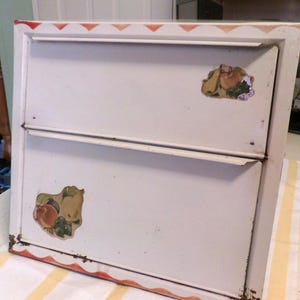 Vintage Metal Bread Box, 1940s, Double Decker, White w/Red Trim, Fruit, 2 Doors, 2 Compartments, Shabby, Rustic, Farmhouse Kitchen