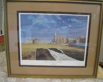 Older Framed double beige & brown matted Print, St. Andrews golf course Scotland, Artist signed  Kenneth Reed, Golf Print, Stone Arch Bridge