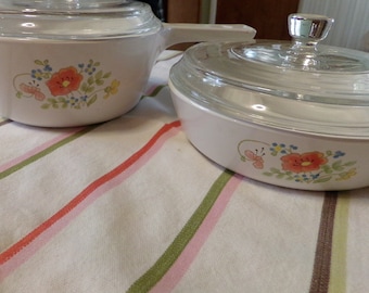 Vintage Pair Corning Ware Wildflower Pan & Menu Ette Skillet, Nice, Orange Poppies, P-82-B, P-83-B, Corningware, 1970s-80s