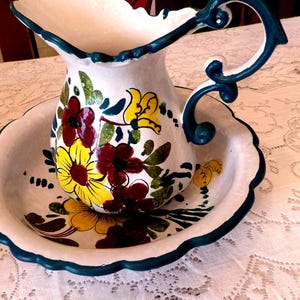 Teal Majolica Italian Pitcher & Basin Set, Hand Painted Italy, Artist Signed, Large Size, Made in Italy