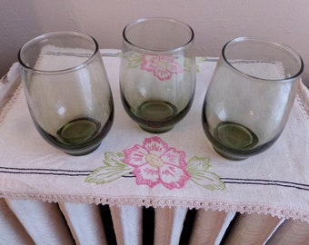 Set of 3 MCM Avocado Green Libbey Roly Poly Tumblers/Glasses, Barware, Cocktail Wine Juice Glass, Tempo