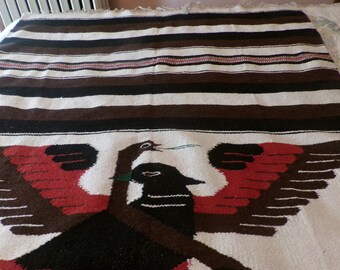 Vintage Mexican Fringed Blanket, Wool Blanket, Serape, Southwest Decor, Thunderbird, Couch Throw