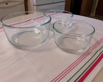 Lot of 3, Pyrex, 7200, 7201, Mixing or Prep Bowls, Clear w/Aqua Tint,  2 Cup & 1 Qt Size, Microwave, Sauce