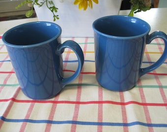 Pair Sapphire Blue Corelle Stoneware Coffee Mugs, Corning Ware Coordinates, Ceramic