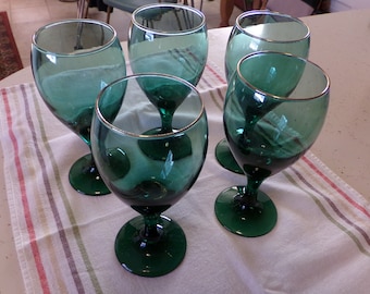 5 Libbey, 10 oz Teal Green Stemware, Water/Wine Goblets, Juniper, 1980s Barware, Green Glass