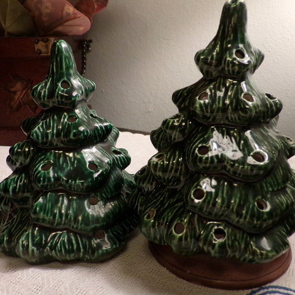 2 Mini Ceramic Christmas Trees, Christmas Village Trees, Holiday Grouping, , 70s, 80s Ceramic Tree