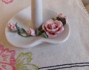 Vintage Porcelain Ring Holder, Applied Pink Roses, Ring Dish, Trinket Dish, Cottage Chic, Victorian, Powder Room