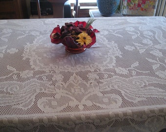 Lg White Quaker Lace Style Tablecloth, 86" x 56", Netted Lace, Leaves, Floral, Formal Dining, Wedding