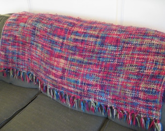 Vtg Woven Loomed Throw, Blanket, Fringe, Pink & Purple Couch Throw, Boho Chic, Shabby Cottage
