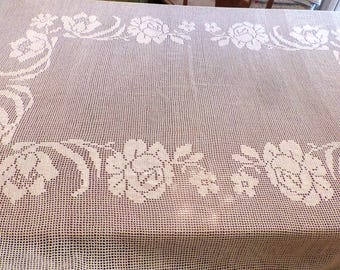 Vintage White Crocheted Bed Coverlet, Romantic Bedroom, Feminine Boudoir, 104 x 82, Crochet Bedspread