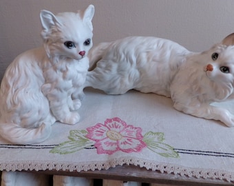 Vintage Pair Lefton Cat & Kittens Figurines, Hand Painted, White Cat, Persian Kittens, Himalayan Cats