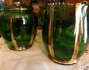 Antique Eapg Glass, 1890s, Emerald Green Sugar and Creamer Set, 22k , X Ray Pattern