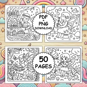 May include: Black and white line art coloring pages featuring fairies in various scenes. One fairy is cooking, another blowing bubbles, a third reading, and a fourth playing a flute. The text "PDF + PNG DOWNLOAD" and "50 PAGES" are also included.