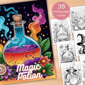 Może przedstawiać: Okładka książki do kolorowania przedstawiająca kolorową ilustrację szklanej butelki wypełnionej wirującym fioletowym, pomarańczowym i niebieskim płynem. Butelka jest otoczona płomieniami i kwiatami. Tekst "Magic Potion" jest napisany pod butelką.