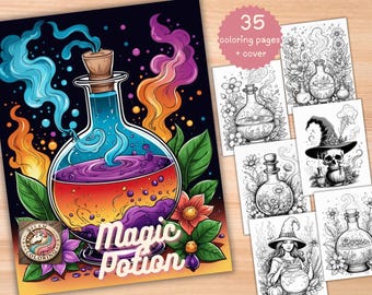 Magic Potions Coloring Book: 35 Fantasy Grayscale Pages (Digital Download)