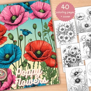Poppy Flowers Coloring Book: 40 Grayscale Floral Designs (Digital Download)