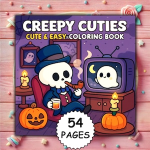 May include: A "Creepy Cuties" coloring book with a cartoon skeleton smoking a pipe, sitting in a chair, and watching a ghost on TV. The cover features a pumpkin, candles, and the text "Cute & Easy-Coloring Book" and "54 Pages."