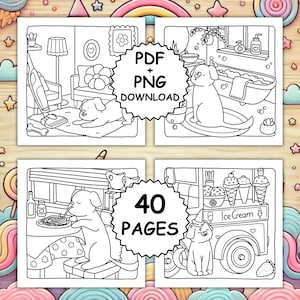 May include: A digital coloring book featuring 40 pages of line art illustrations of dogs in various settings. Includes the text "PDF + PNG DOWNLOAD" and "40 PAGES". The illustrations are in black and white.