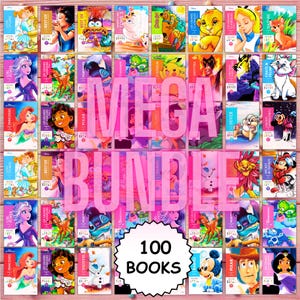 May include: A bundle of 100 children's books featuring Disney characters. The books are arranged in a grid, with various titles and illustrations visible. The words "MEGA BUNDLE" and "100 BOOKS" are also displayed.