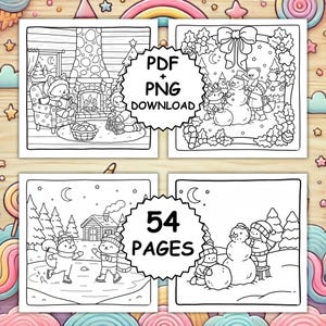 May include: Four black and white coloring pages with winter scenes. One shows a fox reading by a fireplace, another has a snowman with friends, and two others depict winter activities. The text "PDF + PNG DOWNLOAD" and "54 PAGES" are included.