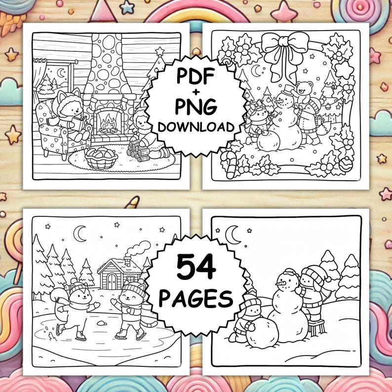 May include: Four black and white coloring pages with winter scenes. One shows a fox reading by a fireplace, another has a snowman with friends, and two others depict winter activities. The text "PDF + PNG DOWNLOAD" and "54 PAGES" are included.