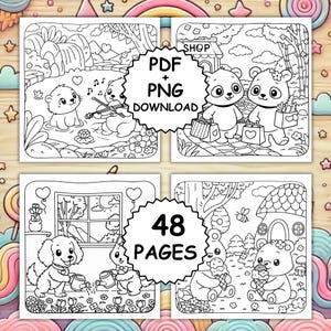 May include: A collection of four black and white coloring pages featuring cute animals in various scenes. The pages include text that says "PDF + PNG DOWNLOAD" and "48 PAGES".
