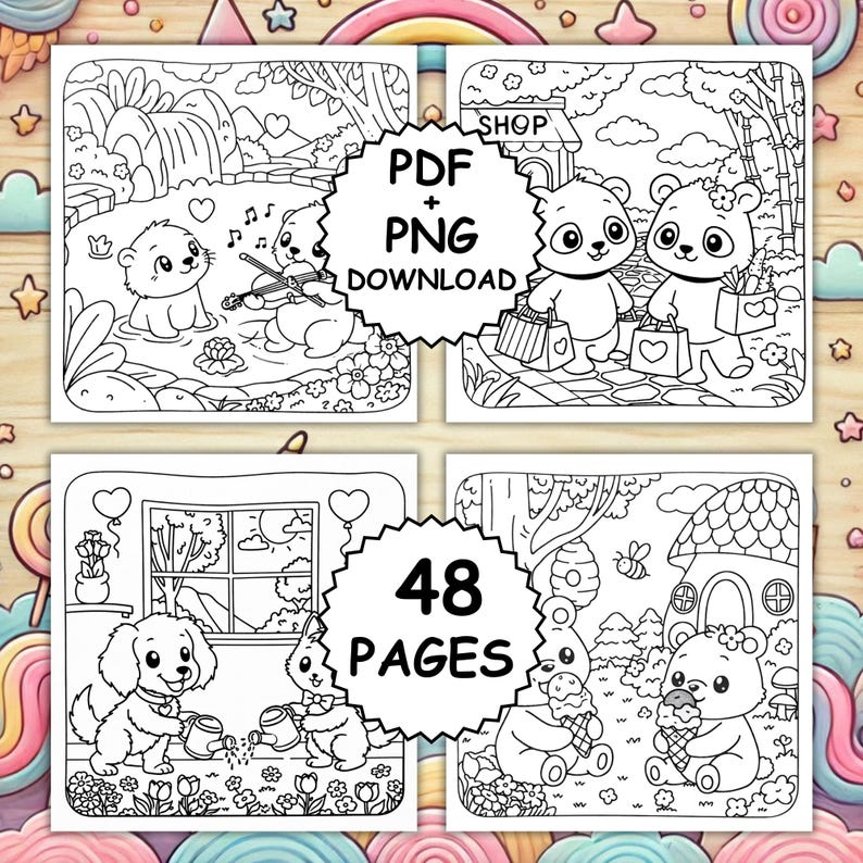 May include: A collection of four black and white coloring pages featuring cute animals in various scenes. The pages include text that says "PDF + PNG DOWNLOAD" and "48 PAGES".