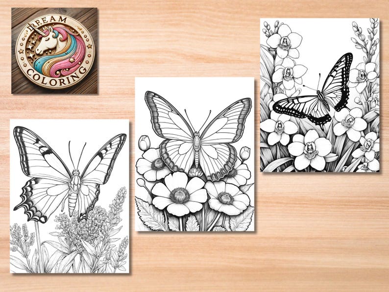 May include: Three black and white coloring pages featuring butterflies and flowers. Each page has a different butterfly and flower design.
