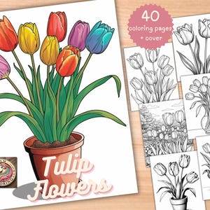 40 Tulip Flowers Coloring Pages, Printable PDF Botanical Floral Plant Coloring Book, Grayscale Fantasy Coloring Book for Adults and Kids
